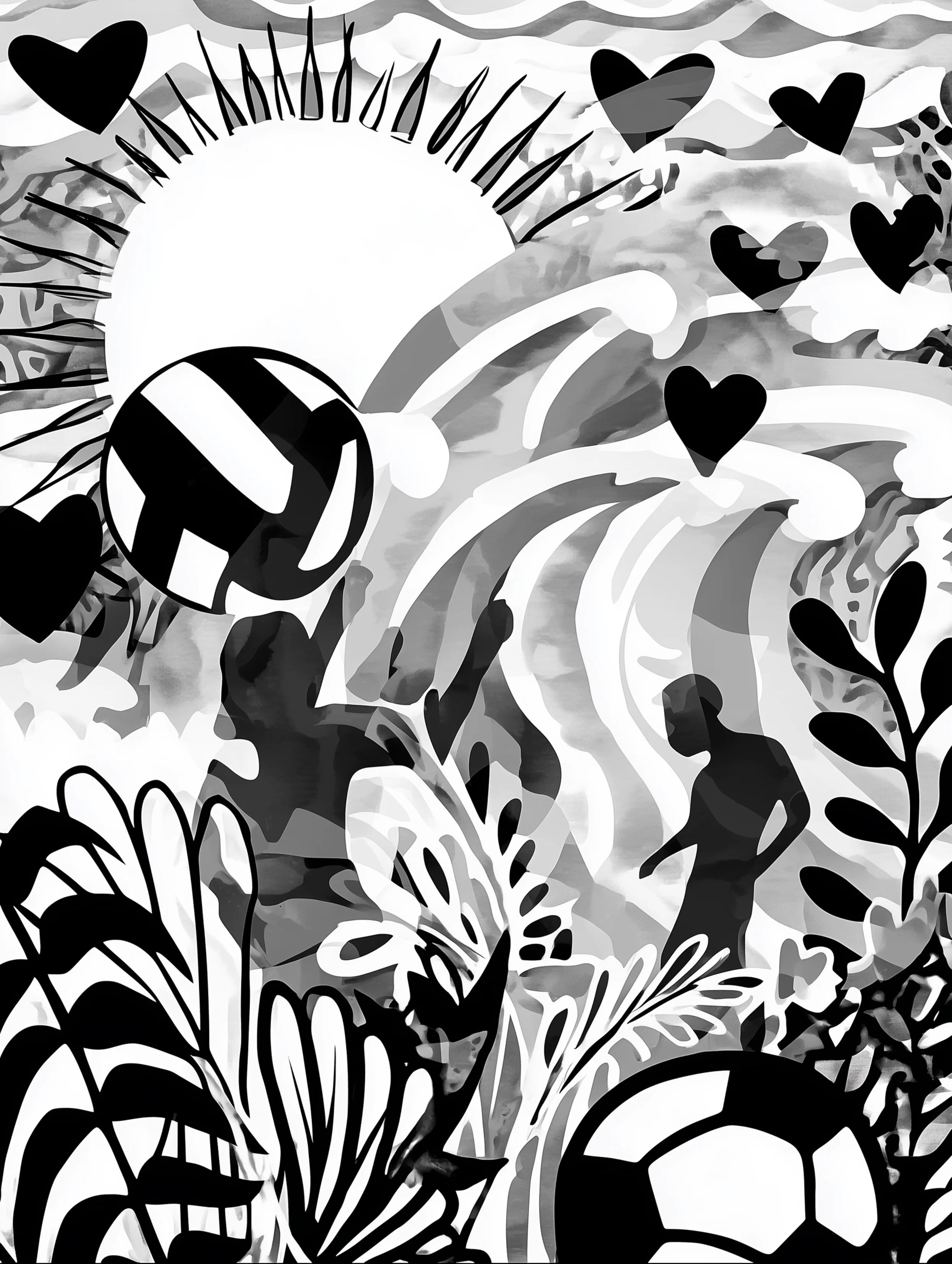 Free printable volleyball coloring page for adults featuring shadows and a volleyball